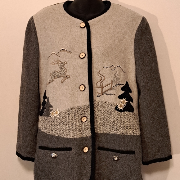 Vintage Meico Landhaus Grey Wool Embriodered Applique Jacket Misses Size 10 - Picture 5 of 10